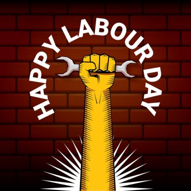Mutlu İşçi Bayramı vektör etiketi ile güçlü turuncu yumruk üzerinde kırmızı tuğla duvar arka plan. mutlu İşçi Bayramı arka plan veya afiş adam el ile vektör. işçiler Mayıs günü poster
