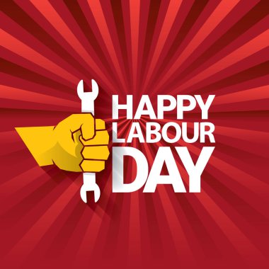 Mutlu İşçi Bayramı vektör etiketle ışınları kırmızı zemin üzerine güçlü turuncu yumruk. İşçi Bayramı arka plan veya afiş adam el ile. işçiler Mayıs günü poster