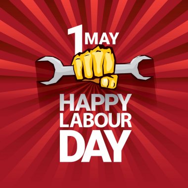 Mutlu İşçi Bayramı vektör etiketle ışınları kırmızı zemin üzerine güçlü turuncu yumruk. İşçi Bayramı arka plan veya afiş adam el ile. işçiler Mayıs günü poster