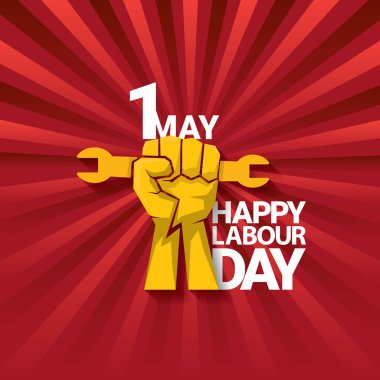 Mutlu İşçi Bayramı vektör etiketle ışınları kırmızı zemin üzerine güçlü turuncu yumruk. İşçi Bayramı arka plan veya afiş adam el ile. işçiler Mayıs günü poster
