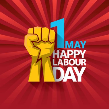 Mutlu İşçi Bayramı vektör etiketle ışınları kırmızı zemin üzerine güçlü turuncu yumruk. İşçi Bayramı arka plan veya afiş adam el ile. işçiler Mayıs günü poster