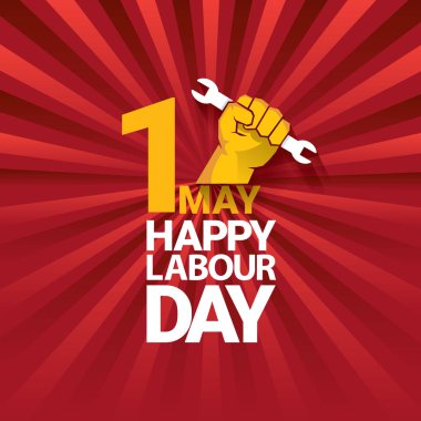 Mutlu İşçi Bayramı vektör etiketle ışınları kırmızı zemin üzerine güçlü turuncu yumruk. İşçi Bayramı arka plan veya afiş adam el ile. işçiler Mayıs günü poster