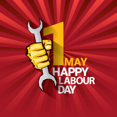 Mutlu İşçi Bayramı vektör etiketle ışınları kırmızı zemin üzerine güçlü turuncu yumruk. İşçi Bayramı arka plan veya afiş adam el ile. işçiler Mayıs günü poster