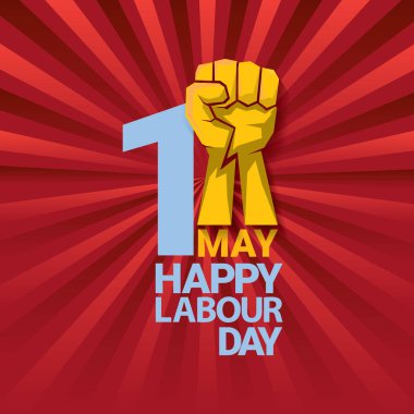 Mutlu İşçi Bayramı vektör etiketle ışınları kırmızı zemin üzerine güçlü turuncu yumruk. İşçi Bayramı arka plan veya afiş adam el ile. işçiler Mayıs günü poster