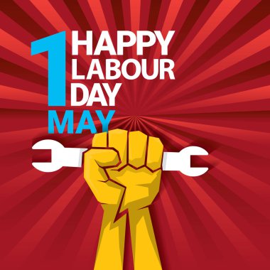 Mutlu İşçi Bayramı vektör etiketle ışınları kırmızı zemin üzerine güçlü turuncu yumruk. İşçi Bayramı arka plan veya afiş adam el ile. işçiler Mayıs günü poster