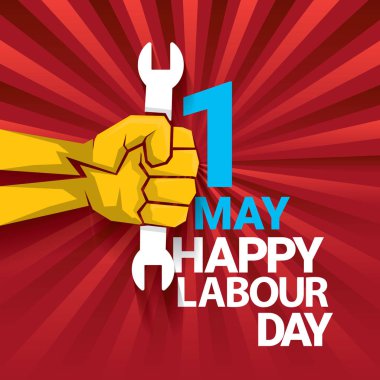Mutlu İşçi Bayramı vektör etiketle ışınları kırmızı zemin üzerine güçlü turuncu yumruk. İşçi Bayramı arka plan veya afiş adam el ile. işçiler Mayıs günü poster