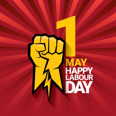 Mutlu İşçi Bayramı vektör etiketle ışınları kırmızı zemin üzerine güçlü turuncu yumruk. İşçi Bayramı arka plan veya afiş adam el ile. işçiler Mayıs günü poster