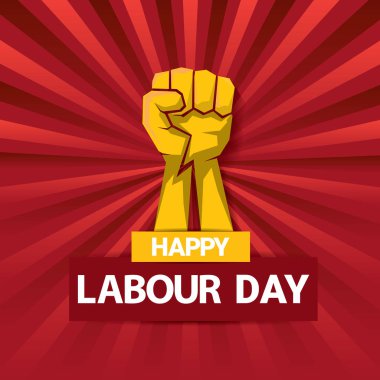 Mutlu İşçi Bayramı vektör etiketle ışınları kırmızı zemin üzerine güçlü turuncu yumruk. İşçi Bayramı arka plan veya afiş adam el ile. işçiler Mayıs günü poster