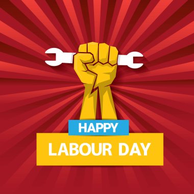 Mutlu İşçi Bayramı vektör etiketle ışınları kırmızı zemin üzerine güçlü turuncu yumruk. İşçi Bayramı arka plan veya afiş adam el ile. işçiler Mayıs günü poster