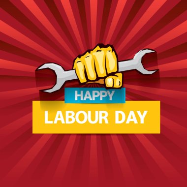Mutlu İşçi Bayramı vektör etiketle ışınları kırmızı zemin üzerine güçlü turuncu yumruk. İşçi Bayramı arka plan veya afiş adam el ile. işçiler Mayıs günü poster