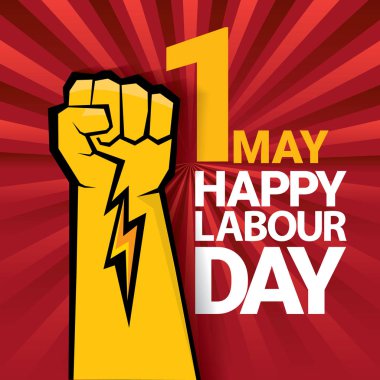 Mutlu İşçi Bayramı vektör etiketle ışınları kırmızı zemin üzerine güçlü turuncu yumruk. İşçi Bayramı arka plan veya afiş adam el ile. işçiler Mayıs günü poster