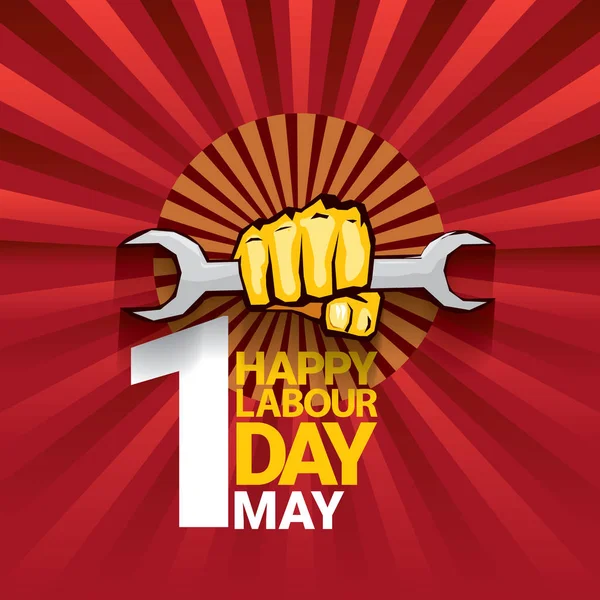 Mutlu İşçi Bayramı vektör etiketle ışınları kırmızı zemin üzerine güçlü turuncu yumruk. İşçi Bayramı arka plan veya afiş adam el ile. işçiler Mayıs günü poster — Stok Vektör