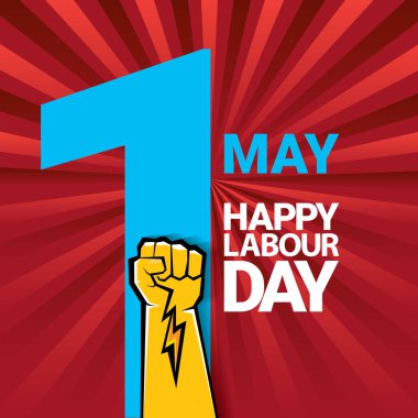 Mutlu İşçi Bayramı vektör etiketle ışınları kırmızı zemin üzerine güçlü turuncu yumruk. İşçi Bayramı arka plan veya afiş adam el ile. işçiler Mayıs günü poster