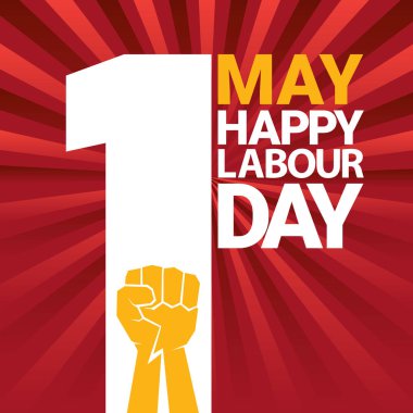 Mutlu İşçi Bayramı vektör etiketle ışınları kırmızı zemin üzerine güçlü turuncu yumruk. İşçi Bayramı arka plan veya afiş adam el ile. işçiler Mayıs günü poster
