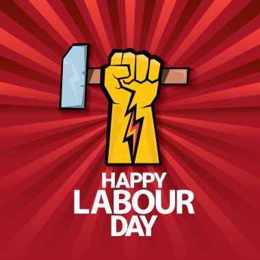 Mutlu İşçi Bayramı vektör etiketle ışınları kırmızı zemin üzerine güçlü turuncu yumruk. İşçi Bayramı arka plan veya afiş adam el ile. işçiler Mayıs günü poster