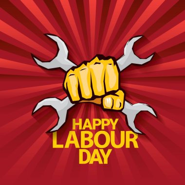 Mutlu İşçi Bayramı vektör etiketle ışınları kırmızı zemin üzerine güçlü turuncu yumruk. İşçi Bayramı arka plan veya afiş adam el ile. işçiler Mayıs günü poster