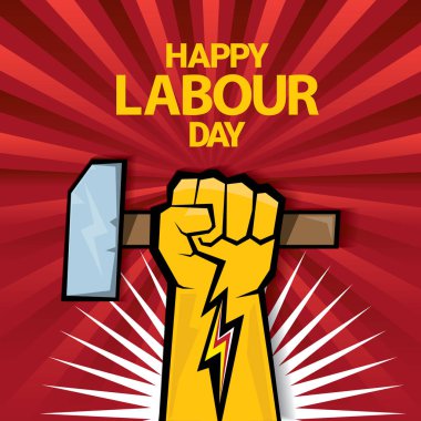 Mutlu İşçi Bayramı vektör etiketle ışınları kırmızı zemin üzerine güçlü turuncu yumruk. İşçi Bayramı arka plan veya afiş adam el ile. işçiler Mayıs günü poster