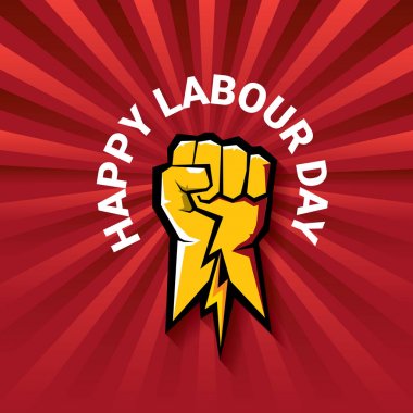 Mutlu İşçi Bayramı vektör etiketle ışınları kırmızı zemin üzerine güçlü turuncu yumruk. İşçi Bayramı arka plan veya afiş adam el ile. işçiler Mayıs günü poster