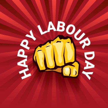 Mutlu İşçi Bayramı vektör etiketle ışınları kırmızı zemin üzerine güçlü turuncu yumruk. İşçi Bayramı arka plan veya afiş adam el ile. işçiler Mayıs günü poster