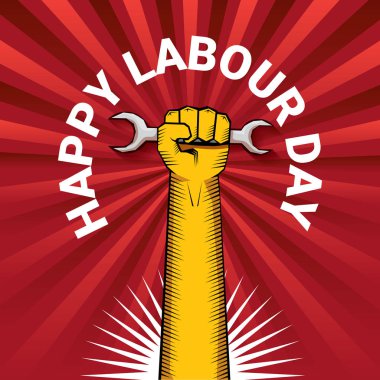 Mutlu İşçi Bayramı vektör etiketle ışınları kırmızı zemin üzerine güçlü turuncu yumruk. İşçi Bayramı arka plan veya afiş adam el ile. işçiler Mayıs günü poster