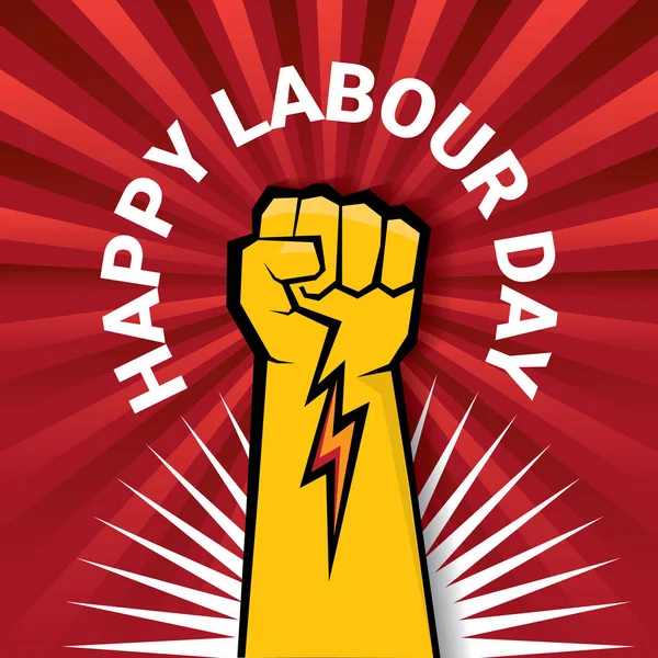 Happy labour day vector label with strong orange fist on red background with rays. labor day background or banner with man hand. workers may day poster — Stock Vector