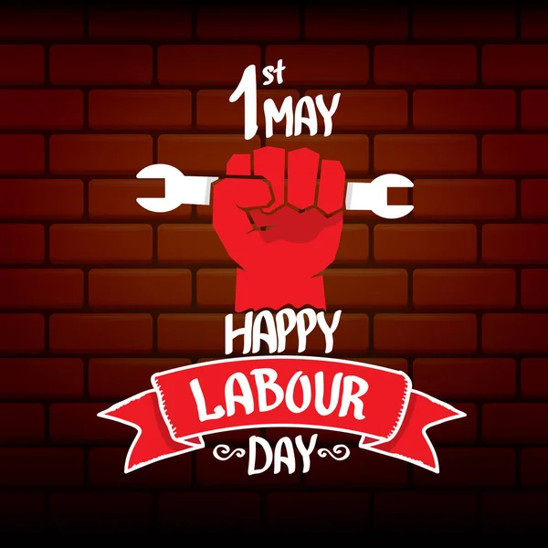 1 de mayo - feliz día del trabajo. vector feliz día del trabajo cartel o pancarta con el puño cerrado. cartel del día de los trabajadores. etiqueta del día del trabajo — Vector de stock