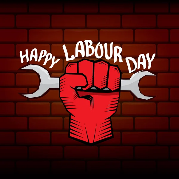 1 de mayo - feliz día del trabajo. vector feliz día del trabajo cartel o pancarta con el puño cerrado. cartel del día de los trabajadores. etiqueta del día del trabajo — Archivo Imágenes Vectoriales