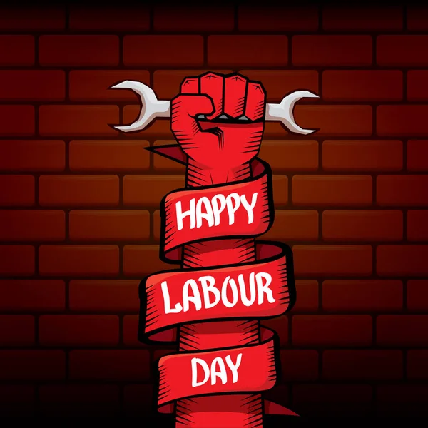 1 de mayo - feliz día del trabajo. vector feliz día del trabajo cartel o pancarta con el puño cerrado. cartel del día de los trabajadores. etiqueta del día del trabajo — Archivo Imágenes Vectoriales