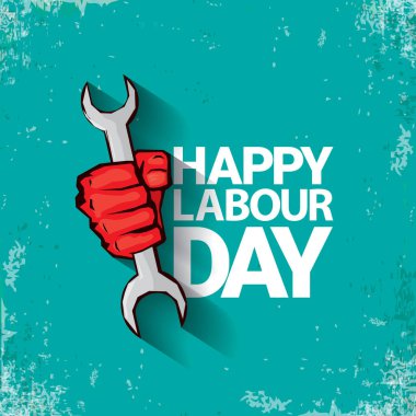 1 mutlu İşçi Bayramı vektör etiketi ile torquise arka plan üzerinde güçlü kırmızı yumruk olabilir. İşçi Bayramı arka plan veya afiş adam el ile. işçiler Mayıs günü poster