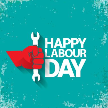 1 mutlu İşçi Bayramı vektör etiketi ile torquise arka plan üzerinde güçlü kırmızı yumruk olabilir. İşçi Bayramı arka plan veya afiş adam el ile. işçiler Mayıs günü poster