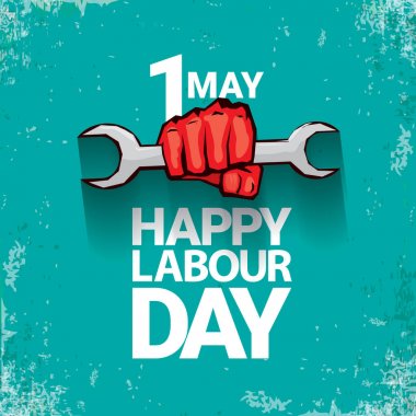 1 mutlu İşçi Bayramı vektör etiketi ile torquise arka plan üzerinde güçlü kırmızı yumruk olabilir. İşçi Bayramı arka plan veya afiş adam el ile. işçiler Mayıs günü poster