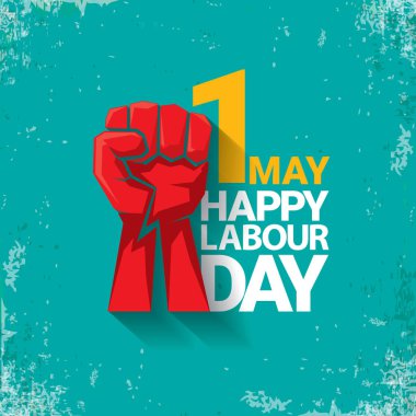 1 mutlu İşçi Bayramı vektör etiketi ile torquise arka plan üzerinde güçlü kırmızı yumruk olabilir. İşçi Bayramı arka plan veya afiş adam el ile. işçiler Mayıs günü poster