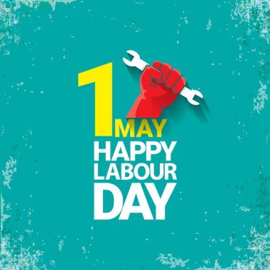 1 mutlu İşçi Bayramı vektör etiketi ile torquise arka plan üzerinde güçlü kırmızı yumruk olabilir. İşçi Bayramı arka plan veya afiş adam el ile. işçiler Mayıs günü poster