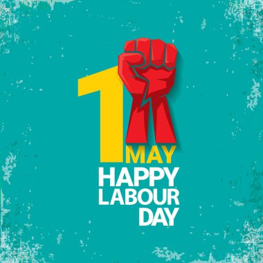 1 mutlu İşçi Bayramı vektör etiketi ile torquise arka plan üzerinde güçlü kırmızı yumruk olabilir. İşçi Bayramı arka plan veya afiş adam el ile. işçiler Mayıs günü poster