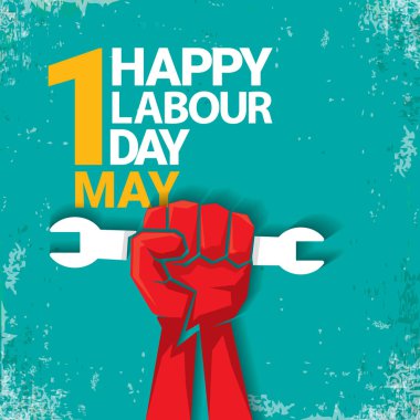 1 mutlu İşçi Bayramı vektör etiketi ile torquise arka plan üzerinde güçlü kırmızı yumruk olabilir. İşçi Bayramı arka plan veya afiş adam el ile. işçiler Mayıs günü poster