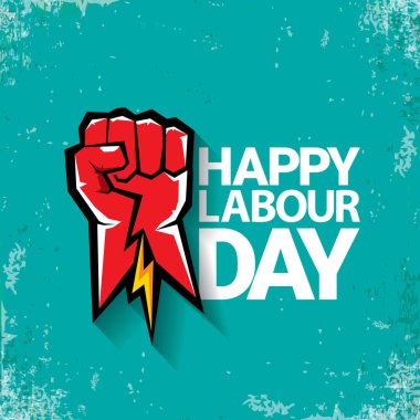 1 mutlu İşçi Bayramı vektör etiketi ile torquise arka plan üzerinde güçlü kırmızı yumruk olabilir. İşçi Bayramı arka plan veya afiş adam el ile. işçiler Mayıs günü poster