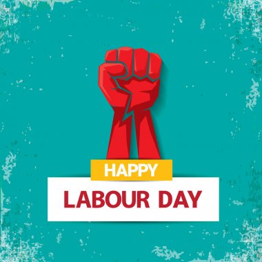 1 mutlu İşçi Bayramı vektör etiketi ile torquise arka plan üzerinde güçlü kırmızı yumruk olabilir. İşçi Bayramı arka plan veya afiş adam el ile. işçiler Mayıs günü poster