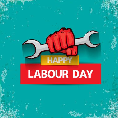 1 mutlu İşçi Bayramı vektör etiketi ile torquise arka plan üzerinde güçlü kırmızı yumruk olabilir. İşçi Bayramı arka plan veya afiş adam el ile. işçiler Mayıs günü poster