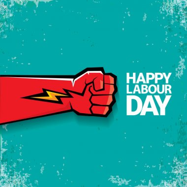 1 mutlu İşçi Bayramı vektör etiketi ile torquise arka plan üzerinde güçlü kırmızı yumruk olabilir. İşçi Bayramı arka plan veya afiş adam el ile. işçiler Mayıs günü poster