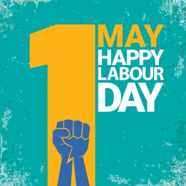 1 mutlu İşçi Bayramı vektör etiketi ile torquise arka plan üzerinde güçlü kırmızı yumruk olabilir. İşçi Bayramı arka plan veya afiş adam el ile. işçiler Mayıs günü poster