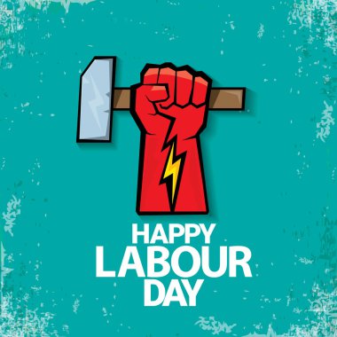 1 mutlu İşçi Bayramı vektör etiketi ile torquise arka plan üzerinde güçlü kırmızı yumruk olabilir. İşçi Bayramı arka plan veya afiş adam el ile. işçiler Mayıs günü poster