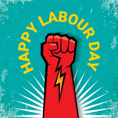 1 mutlu İşçi Bayramı vektör etiketi ile torquise arka plan üzerinde güçlü kırmızı yumruk olabilir. İşçi Bayramı arka plan veya afiş adam el ile. işçiler Mayıs günü poster