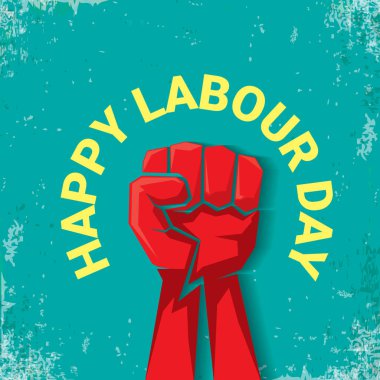 1 mutlu İşçi Bayramı vektör etiketi ile torquise arka plan üzerinde güçlü kırmızı yumruk olabilir. İşçi Bayramı arka plan veya afiş adam el ile. işçiler Mayıs günü poster