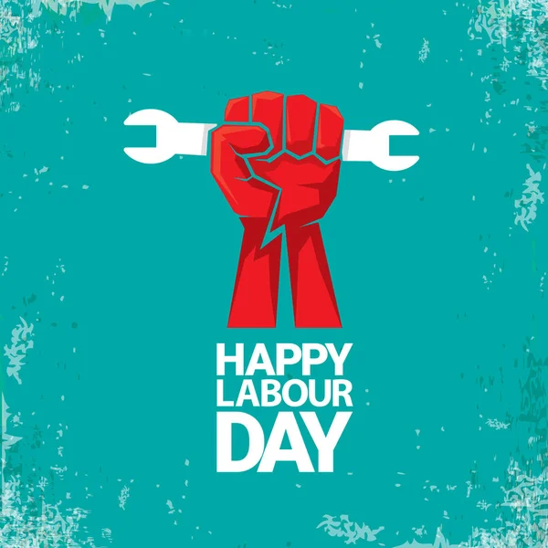 1 may Happy labour day vector label with strong red fist on torquise background . labor day background or banner with man hand. workers may day poster — Stock Vector