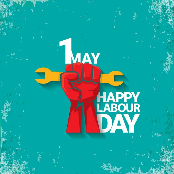 1 may Happy labour day vector label with strong red fist on torquise background . labor day background or banner with man hand. workers may day poster — Stock Vector