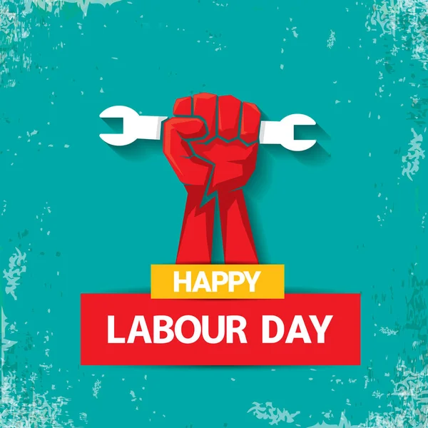 5月1日快乐劳动节矢量标签与强红色拳头在 torquise 背景。劳动日背景或横幅与人手。工人可日间海报 — 图库矢量图片