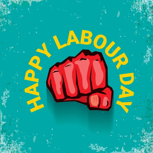 1 may Happy labour day vector label with strong red fist on torquise background. День труда фон или баннер с мужской рукой. рабочие могут день плакат — стоковый вектор