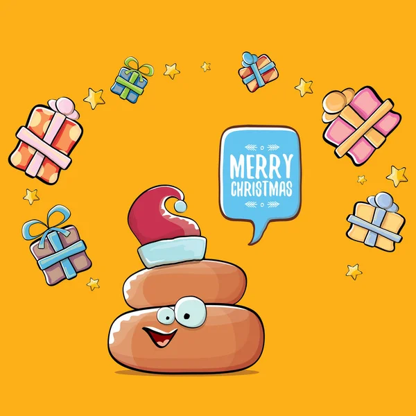 Vetor engraçado cartoon legal bonito marrom sorrindo ícone poo com santa com chapéu vermelho, caixas de presente de Natal e bolha de fala no fundo laranja. emoji funky personagem de Natal. - Vector — Vetor de Stock