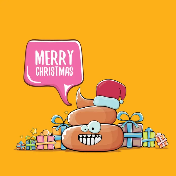 Vecteur drôle dessin animé cool mignon brun souriant icône de caca avec Père Noël avec chapeau rouge, boîtes-cadeaux de Noël et bulle de la parole sur fond orange. emoji funky personnage de Noël. - Vecteur — Image vectorielle