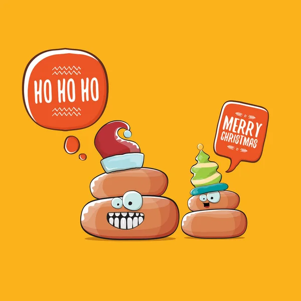 Веселые рождественские открытки. вектор смешной мультфильм прохладный крошечный коричневый какашка персонаж с Санта-красный и его друг эльф какашки изолированы на оранжевом фоне , — стоковый вектор